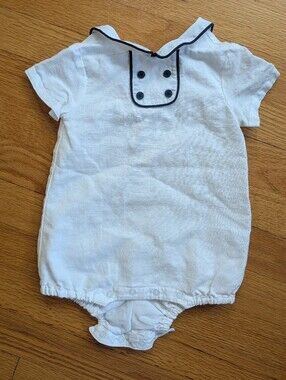 Janie and Jack White Short Sleeve Romper With Navy Trim (Infant 6-12 Months)
